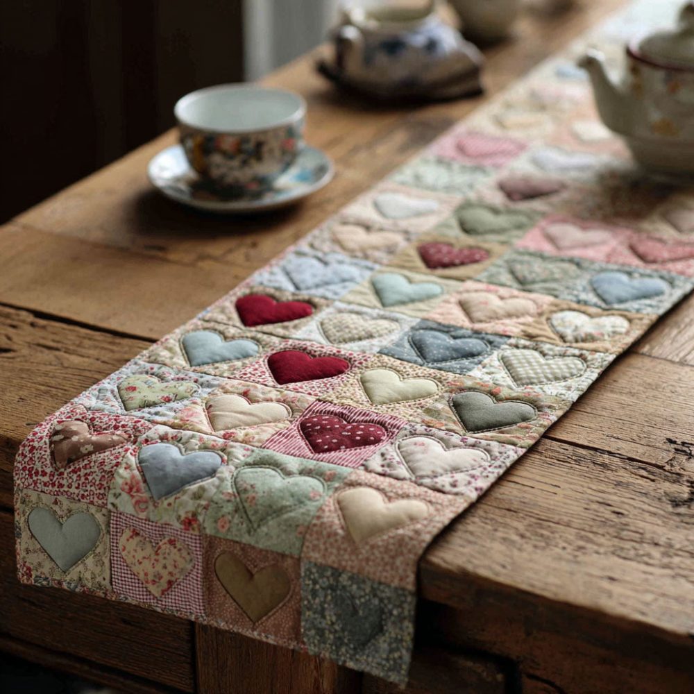 Gentle Vintage Hearts Quilted Table Runner