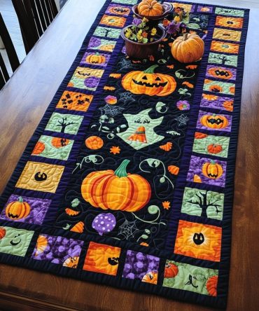 Ghostly Halloween Pumpkin Quilted Table Runner