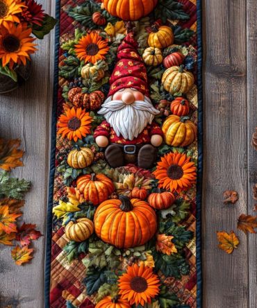 Gnome Leaf Dance Quilted Table Runner