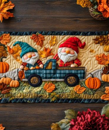 Gnome And Leaves Quilted Table Runner