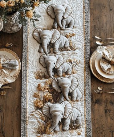 Golden Baby Elephant Quilted Table Runner