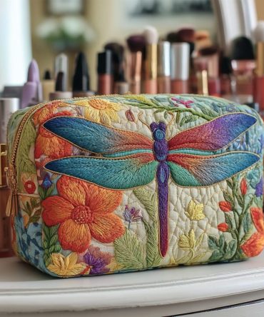 Golden Dragonfly Quilted Makeup Bag