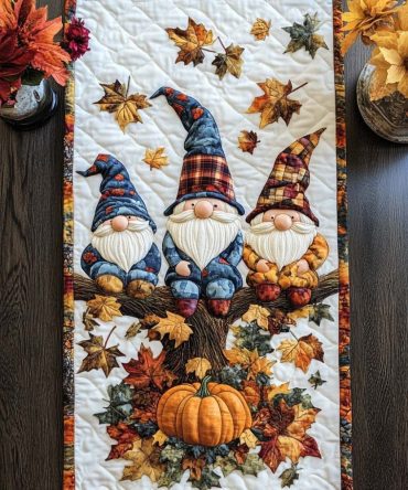 Golden Gnome Stroll Quilted Table Runner