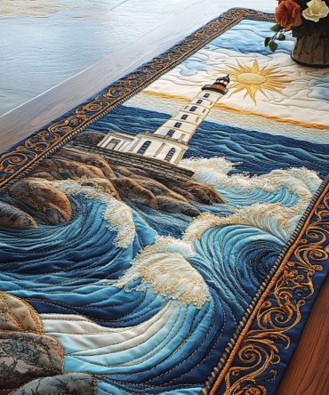 Golden Horizon Lighthouse Quilted Table Runner