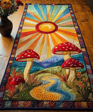 Golden Horizon Mushrooms Quilted Table Runner