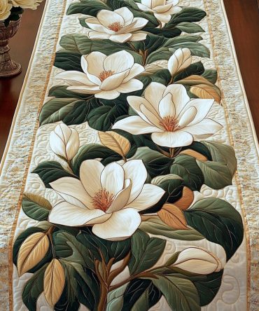 Golden Magnolia Bloom Quilted Table Runner