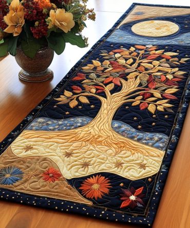 Golden Moonlit Tree Quilted Table Runner