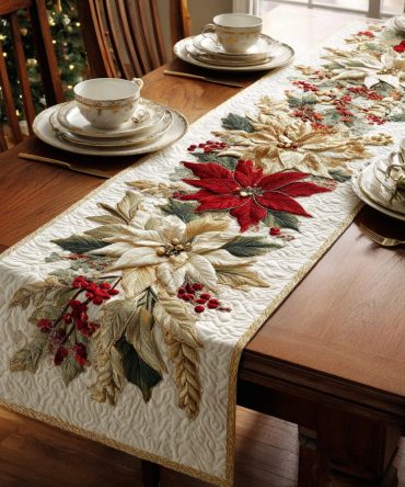 Golden Poinsettia Bloom Quilted Table Runner