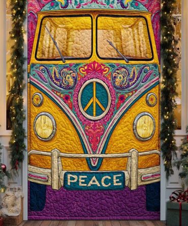 Golden Retro Van Peace Quilted Door Cover