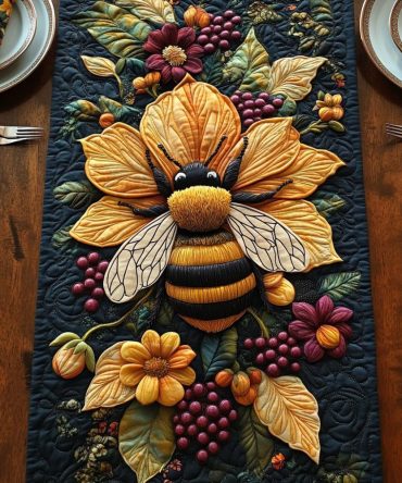 Golden Wings And Flowers Quilted Table Runner