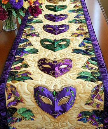 Green Purple Hearts Quilted Table Runner