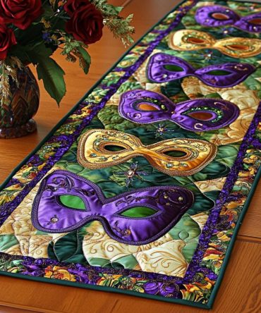 Green Royal Masks Quilted Table Runner