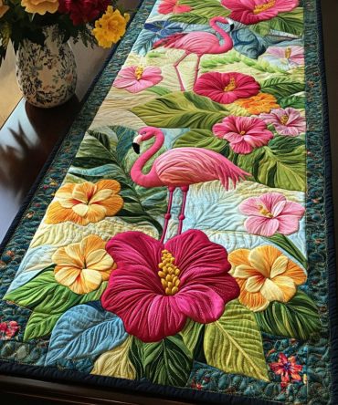 Hibiscus Flamingo Dream Quilted Table Runner