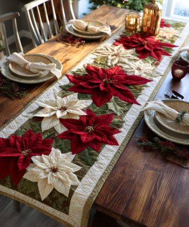 Holiday Poinsettia Drape Quilted Table Runner