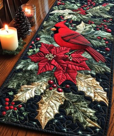 Holly Cardinal Quilted Table Runner