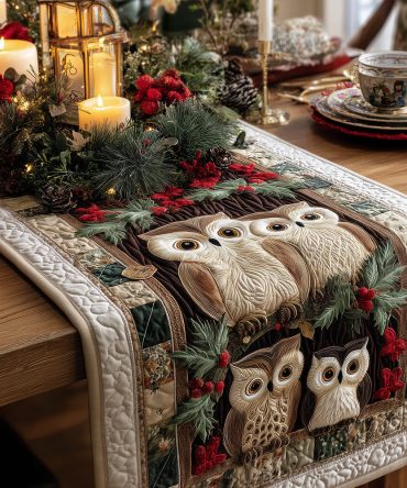 Holly Night Owls Quilted Table Runner
