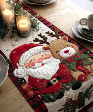 Holly Reindeer Joy Quilted Table Runner