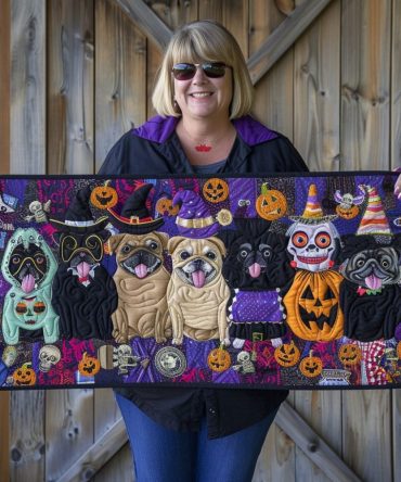 Jovial Pugs Quilted Table Runner