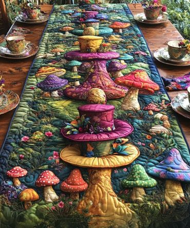 Mad Hatters Mushroom Path Quilted Table Runner