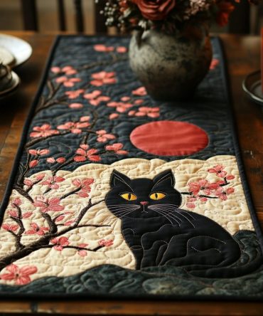 Midnight Sakura Cat Quilted Table Runner