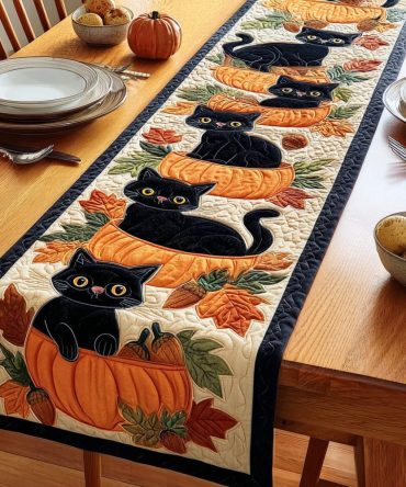 Midnight Whisker Charm Quilted Table Runner