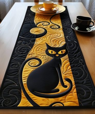 Moonlit Cat Elegance Quilted Table Runner