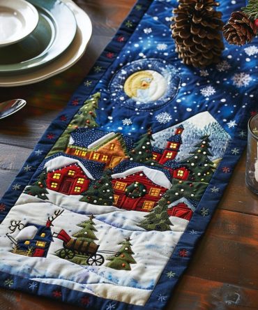 Moonlit Christmas Village Quilted Table Runner