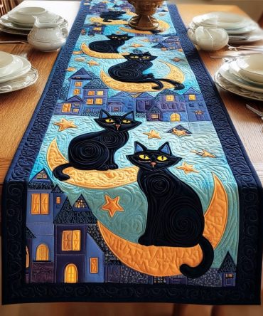 Moonlit Cat Dream Quilted Table Runner