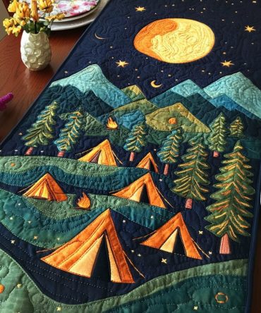 Moonlit Forest Tents Quilted Table Runner