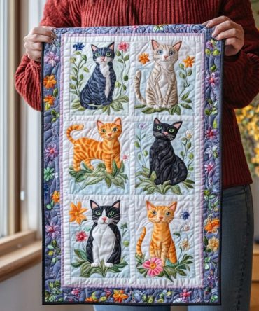Multicolored Cats Quilted Table Runner