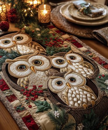 Noel Owl Gathering Quilted Table Runner