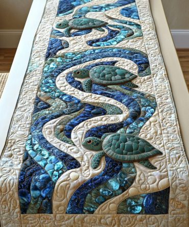 Ocean Blooms Turtle Quilted Table Runner