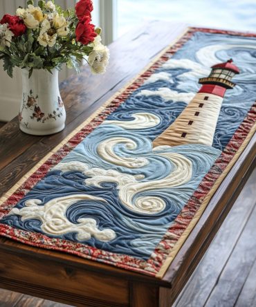 Ocean Swirl Lighthouse Quilted Table Runner