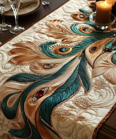 Opulent Peacock Quilted Table Runner