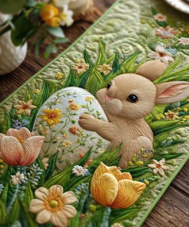 Pastel Garden Bunnies Quilted Table Runner