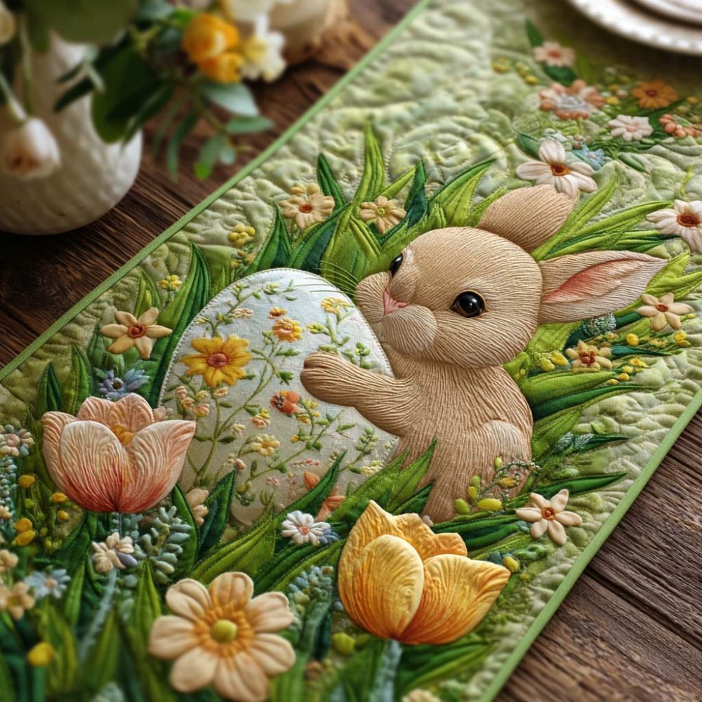 Pastel Garden Bunnies Quilted Table Runner