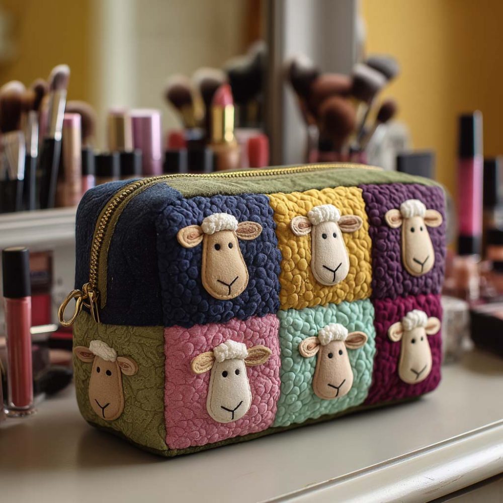 Patchwork Sheep Quilted Makeup Bag