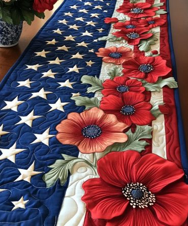 Patriotic Poppy Parade Quilted Table Runner