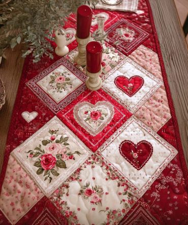 Pink Blossom Heart Quilted Table Runner