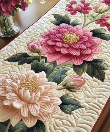 Pink Dahlia Bloom Quilted Table Runner