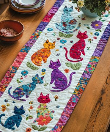 Playful Floral Cats Quilted Table Runner