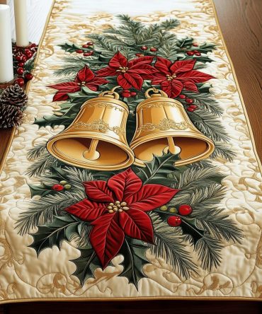 Poinsettia Bell Bliss Quilted Table Runner