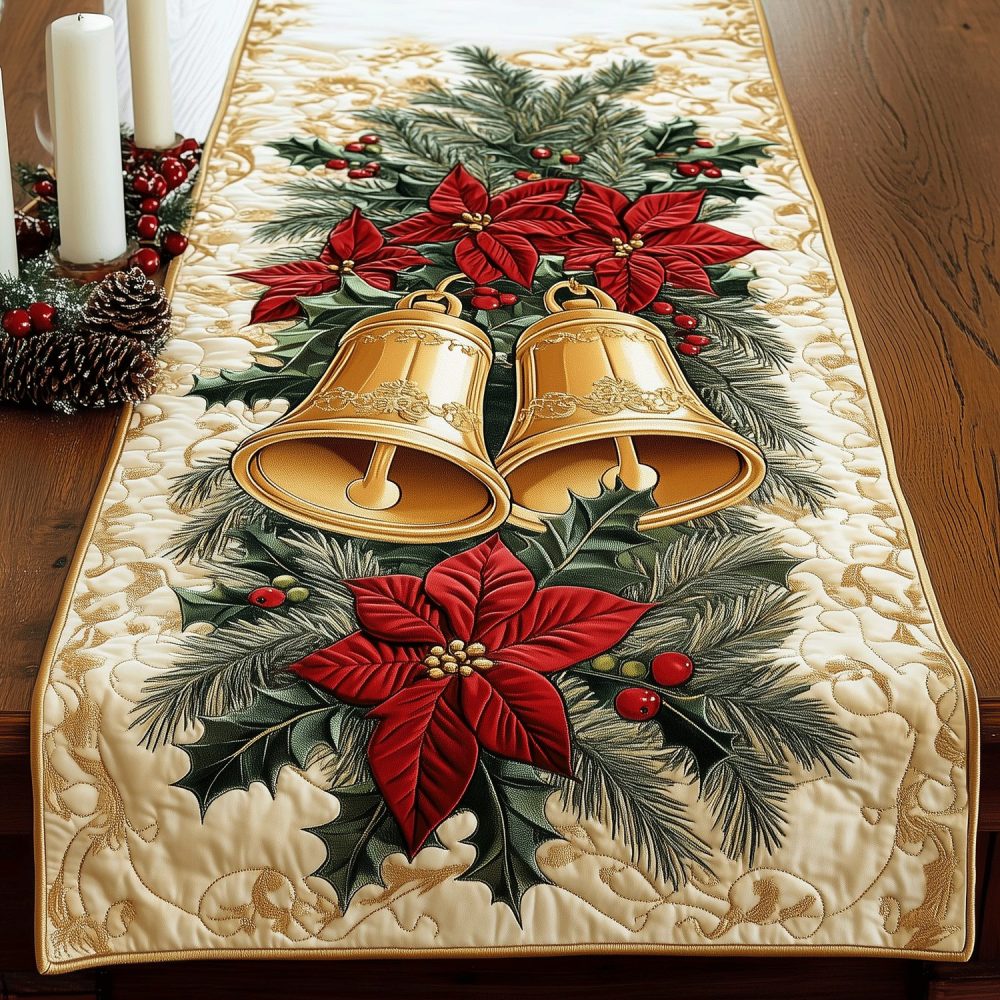 Poinsettia Bell Bliss Quilted Table Runner
