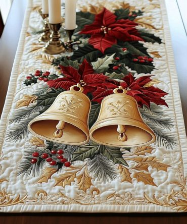 Poinsettia Bell Symphony Quilted Table Runner