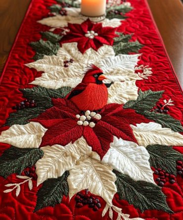 Poinsettia Cardinal Quilted Table Runner