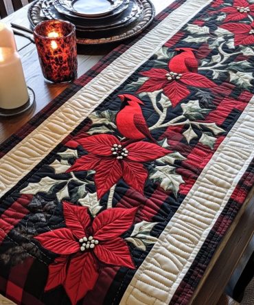 Poinsettia Plaid Cardinal Quilted Table Runner