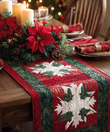Poinsettia Snowflake Delight Quilted Table Runner