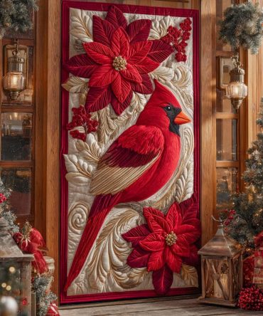 Poinsettia Songbird Quilted Door Cover
