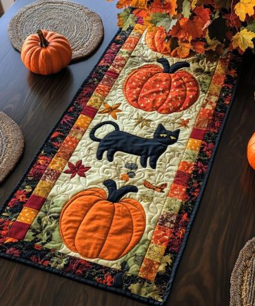 Pumpkin Black Cat Quilted Table Runner