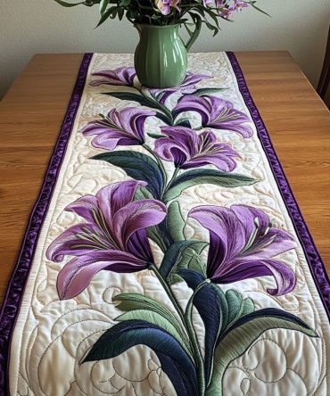 Purple Lilies Quilted Table Runner